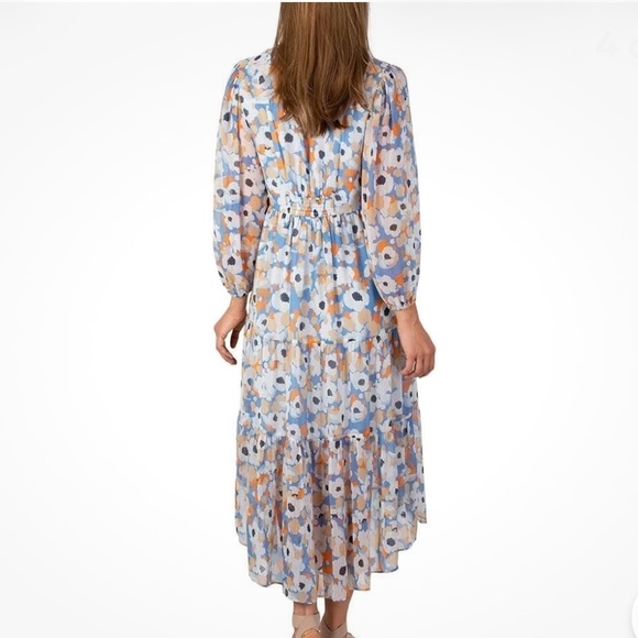 Joie Blue/Coral Floral Tiered Flowy Boho Prairie Dress W High-Low Hem Size XS - Picture 6 of 15